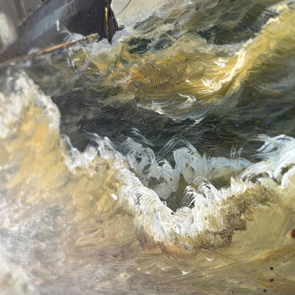 Antique Oil Painting Seascape "Stormy Seas" Vintage Medium Artwork - HollandArtShop