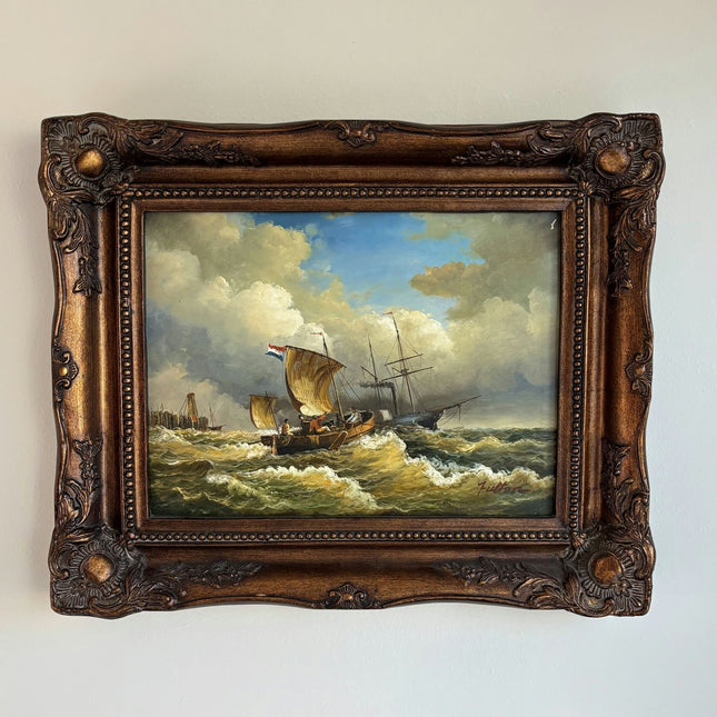 Antique Oil Painting Seascape "Stormy Seas" Vintage Medium Artwork - HollandArtShop