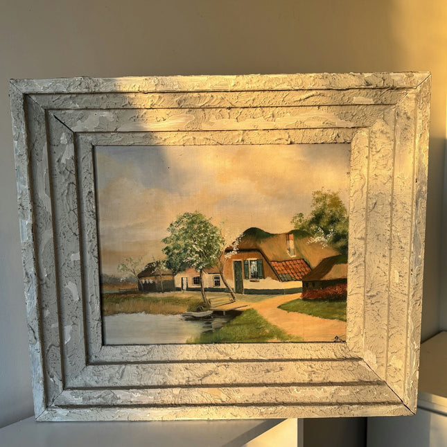 Antique Oil Painting "Thatched Roof Cottage" Marvelous Medium Art - HollandArtShop