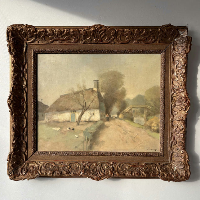 Antique Painted Village Cottage Trees Bridge Path Oil Painting Vintage Authentic - HollandArtShop