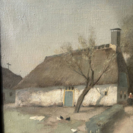 Antique Painted Village Cottage Trees Bridge Path Oil Painting Vintage Authentic - HollandArtShop
