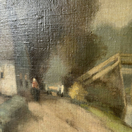 Antique Painted Village Cottage Trees Bridge Path Oil Painting Vintage Authentic - HollandArtShop