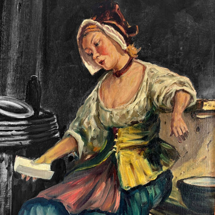 Antique “Quiet Moment” Original Oil Painting Female Portrait Interior Scene - HollandArtShop
