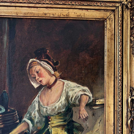 Antique “Quiet Moment” Original Oil Painting Female Portrait Interior Scene - HollandArtShop