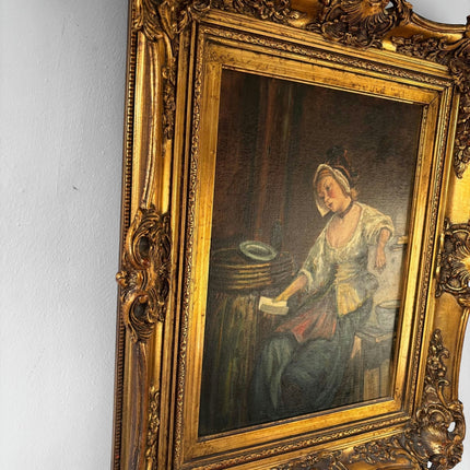 Antique “Quiet Moment” Original Oil Painting Female Portrait Interior Scene - HollandArtShop