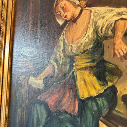 Antique “Quiet Moment” Original Oil Painting Female Portrait Interior Scene - HollandArtShop