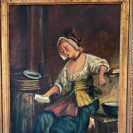 Antique “Quiet Moment” Original Oil Painting Female Portrait Interior Scene - HollandArtShop