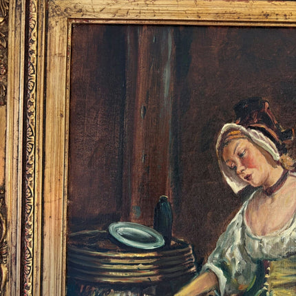 Antique “Quiet Moment” Original Oil Painting Female Portrait Interior Scene - HollandArtShop