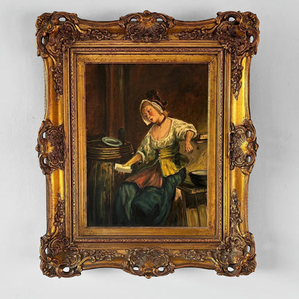 Antique “Quiet Moment” Original Oil Painting Female Portrait Interior Scene - HollandArtShop