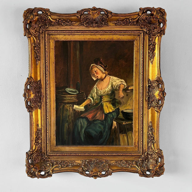 Antique “Quiet Moment” Original Oil Painting Female Portrait Interior Scene - HollandArtShop