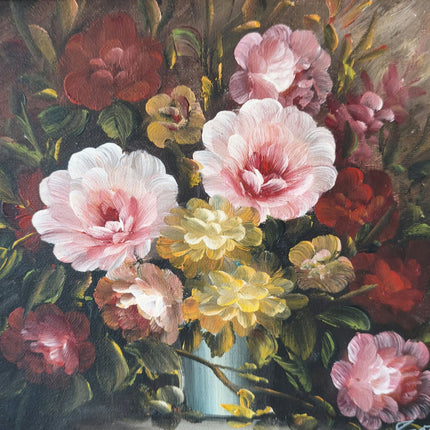 Antique 'Red Flowers' Stunning Mid 20th Century Floral Framed Oil Painting - HollandArtShop