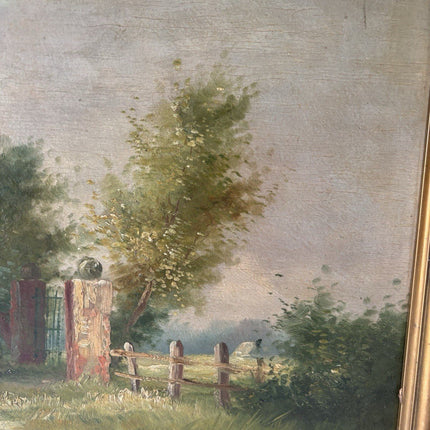 Antique “RIVERSIDE VILLAGE” Oil Painting Landscape Tree houses 20th Century - HollandArtShop