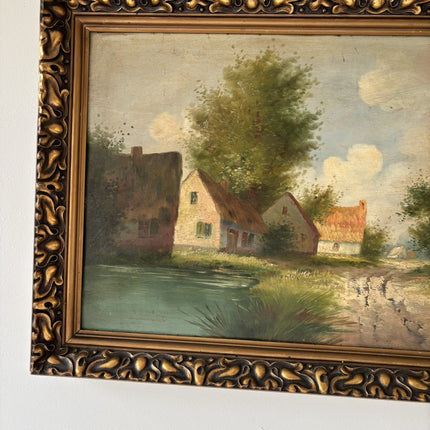 Antique “RIVERSIDE VILLAGE” Oil Painting Landscape Tree houses 20th Century - HollandArtShop
