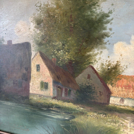 Antique “RIVERSIDE VILLAGE” Oil Painting Landscape Tree houses 20th Century - HollandArtShop