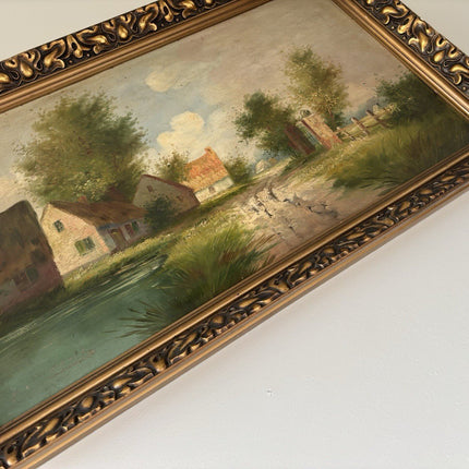 Antique “RIVERSIDE VILLAGE” Oil Painting Landscape Tree houses 20th Century - HollandArtShop