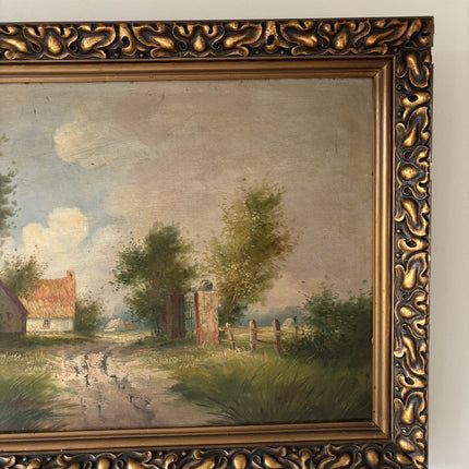 Antique “RIVERSIDE VILLAGE” Oil Painting Landscape Tree houses 20th Century - HollandArtShop