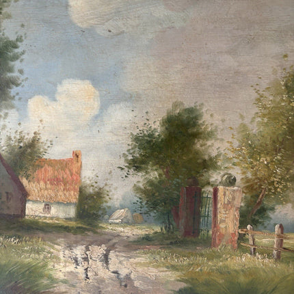 Antique “RIVERSIDE VILLAGE” Oil Painting Landscape Tree houses 20th Century - HollandArtShop