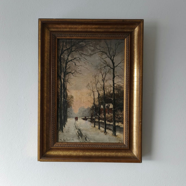 Antique Winter Landscape Oil Painting "Snowy Pathway" Marvelous Small Artwork - HollandArtShop
