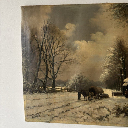 Antique “WINTER LANDSCAPE WITH HORSE AND CART” 19th Century Oil Painting - HollandArtShop