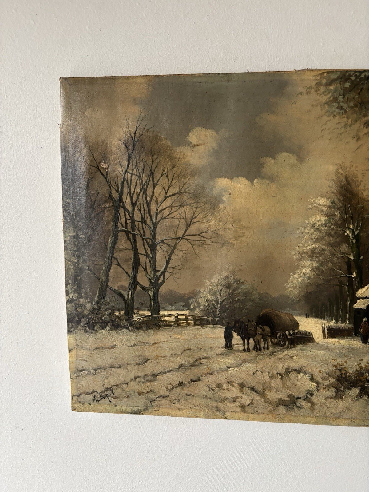 Antique “WINTER LANDSCAPE WITH HORSE AND CART” 19th Century Oil Painting - HollandArtShop