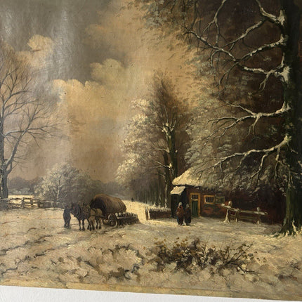 Antique “WINTER LANDSCAPE WITH HORSE AND CART” 19th Century Oil Painting - HollandArtShop