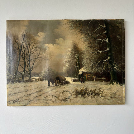 Antique “WINTER LANDSCAPE WITH HORSE AND CART” 19th Century Oil Painting - HollandArtShop