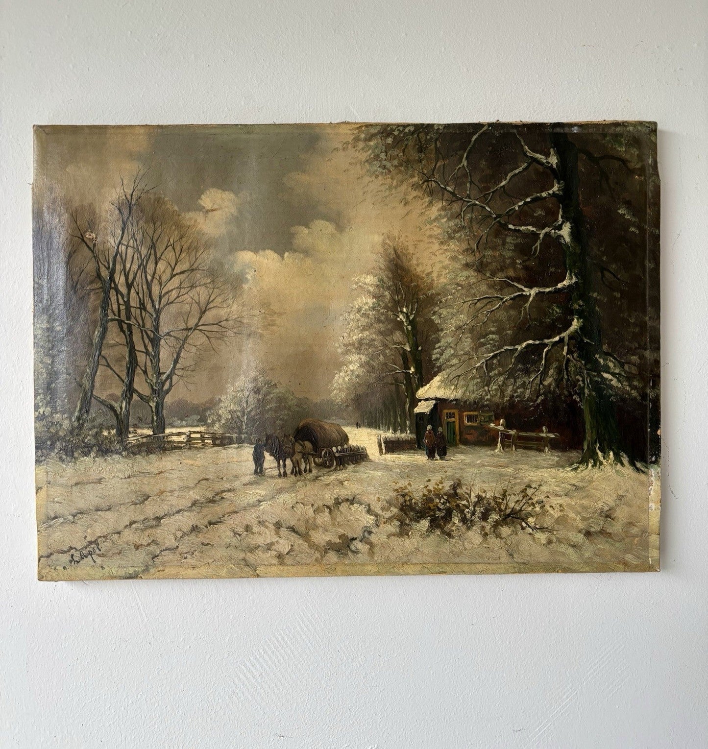 Antique “WINTER LANDSCAPE WITH HORSE AND CART” 19th Century Oil Painting - HollandArtShop