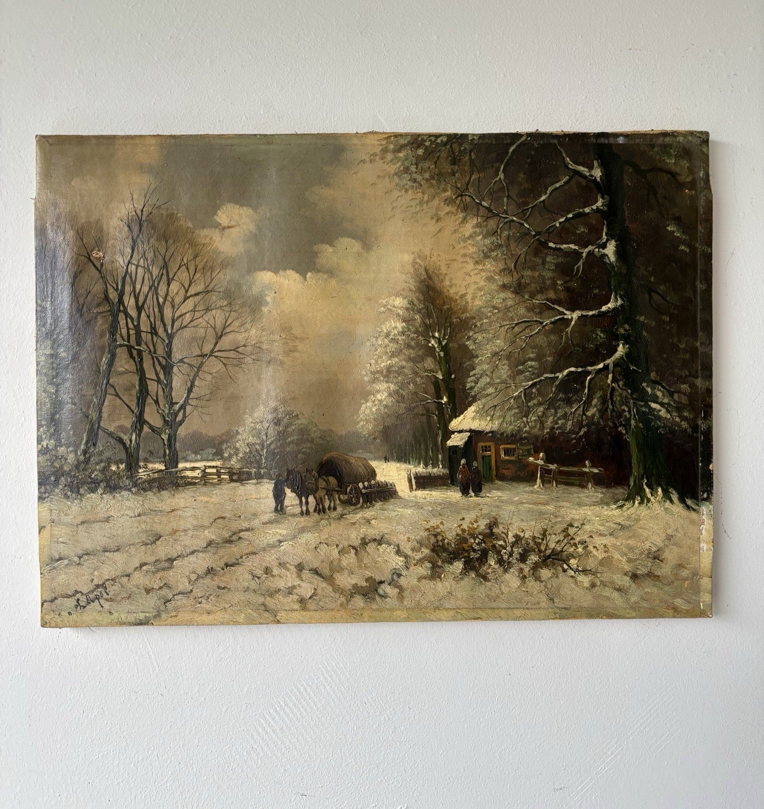 Antique “WINTER LANDSCAPE WITH HORSE AND CART” 19th Century Oil Painting - HollandArtShop