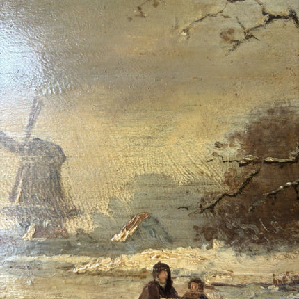 Antique “WINTER LANDSCAPE WITH WINDMILL Oil Painting Figure Skating 19th Century - HollandArtShop