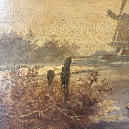 Antique “WINTER LANDSCAPE WITH WINDMILL Oil Painting Figure Skating 19th Century - HollandArtShop