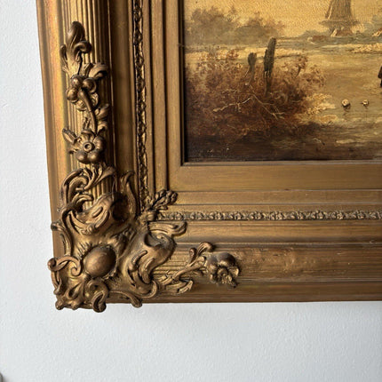 Antique “WINTER LANDSCAPE WITH WINDMILL Oil Painting Figure Skating 19th Century - HollandArtShop