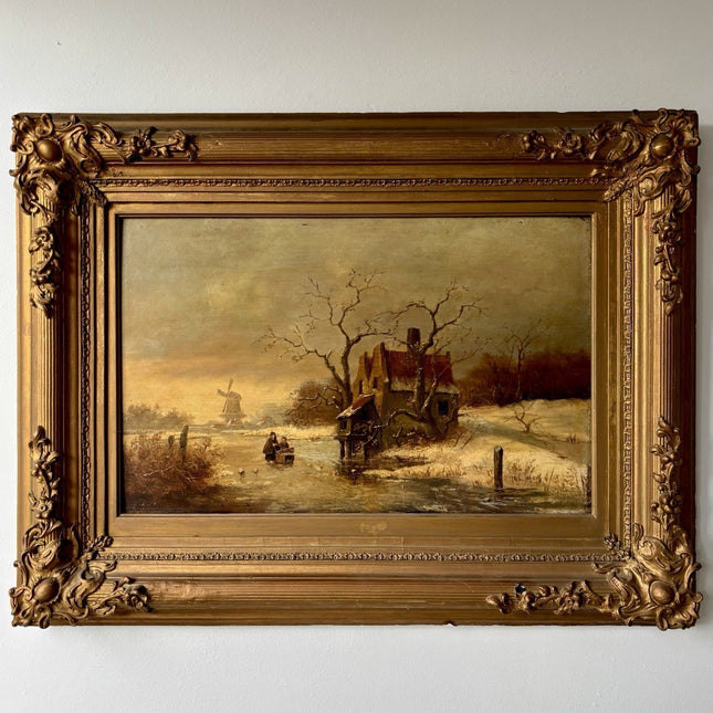 Antique “WINTER LANDSCAPE WITH WINDMILL Oil Painting Figure Skating 19th Century - HollandArtShop