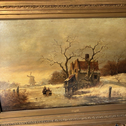 Antique “WINTER LANDSCAPE WITH WINDMILL Oil Painting Figure Skating 19th Century - HollandArtShop