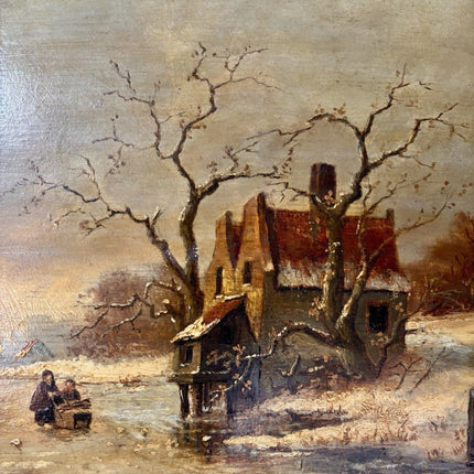 Antique “WINTER LANDSCAPE WITH WINDMILL Oil Painting Figure Skating 19th Century - HollandArtShop