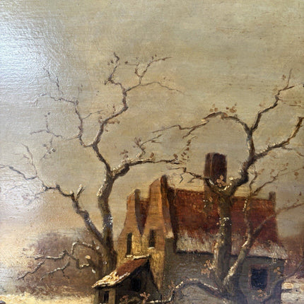 Antique “WINTER LANDSCAPE WITH WINDMILL Oil Painting Figure Skating 19th Century - HollandArtShop