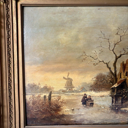 Antique “WINTER LANDSCAPE WITH WINDMILL Oil Painting Figure Skating 19th Century - HollandArtShop