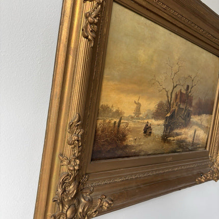 Antique “WINTER LANDSCAPE WITH WINDMILL Oil Painting Figure Skating 19th Century - HollandArtShop