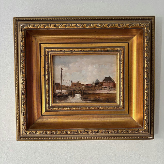 Around 1940 Vintage Riverside Canal Village Sky Boats Oil Painting Authentic - HollandArtShop