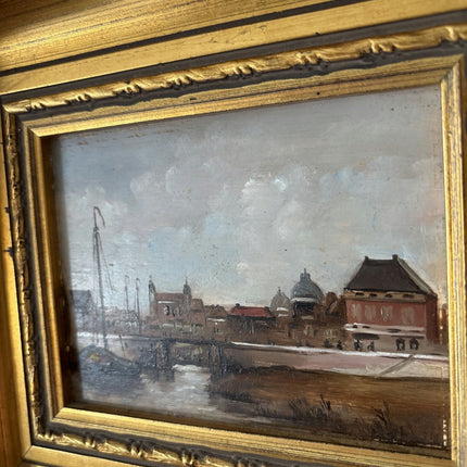 Around 1940 Vintage Riverside Canal Village Sky Boats Oil Painting Authentic - HollandArtShop