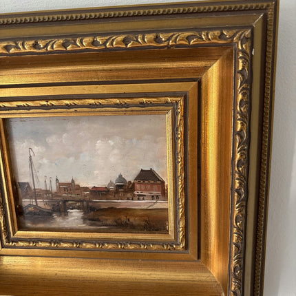 Around 1940 Vintage Riverside Canal Village Sky Boats Oil Painting Authentic - HollandArtShop