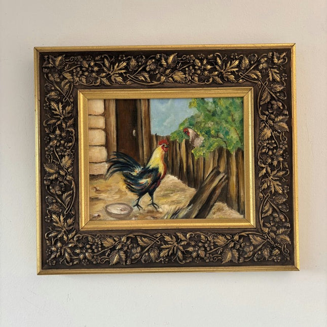 Authentic Oil Painting Animals "Colorful Rooster" Intriguing Small Art - Holland Art Shop