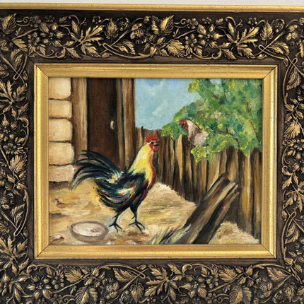 Authentic Oil Painting Animals "Colorful Rooster" Intriguing Small Art - Holland Art Shop