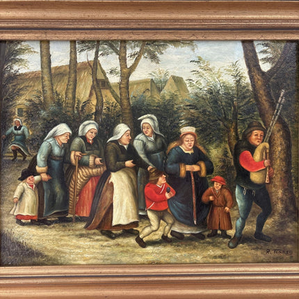 Authentic Oil Painting Figurative "Village Procession" Original Medium Artwork - HollandArtShop