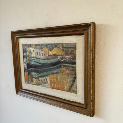 Authentic Oil Painting Harbor Scene "Colorful Boat" Fine Small Artwork - HollandArtShop