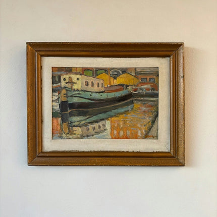 Authentic Oil Painting Harbor Scene "Colorful Boat" Fine Small Artwork - HollandArtShop