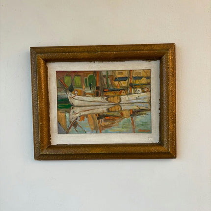 Authentic Oil Painting Harbor Scene "Fishing Boats" Figurative Small Art - HollandArtShop