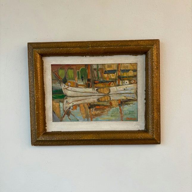 Authentic Oil Painting Harbor Scene "Fishing Boats" Figurative Small Art - HollandArtShop