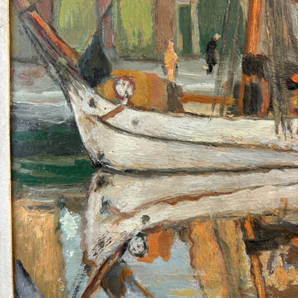 Authentic Oil Painting Harbor Scene "Fishing Boats" Figurative Small Art - HollandArtShop