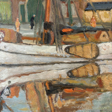 Authentic Oil Painting Harbor Scene "Fishing Boats" Figurative Small Art - HollandArtShop