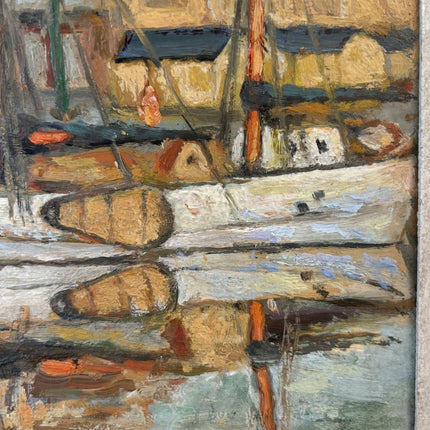 Authentic Oil Painting Harbor Scene "Fishing Boats" Figurative Small Art - HollandArtShop